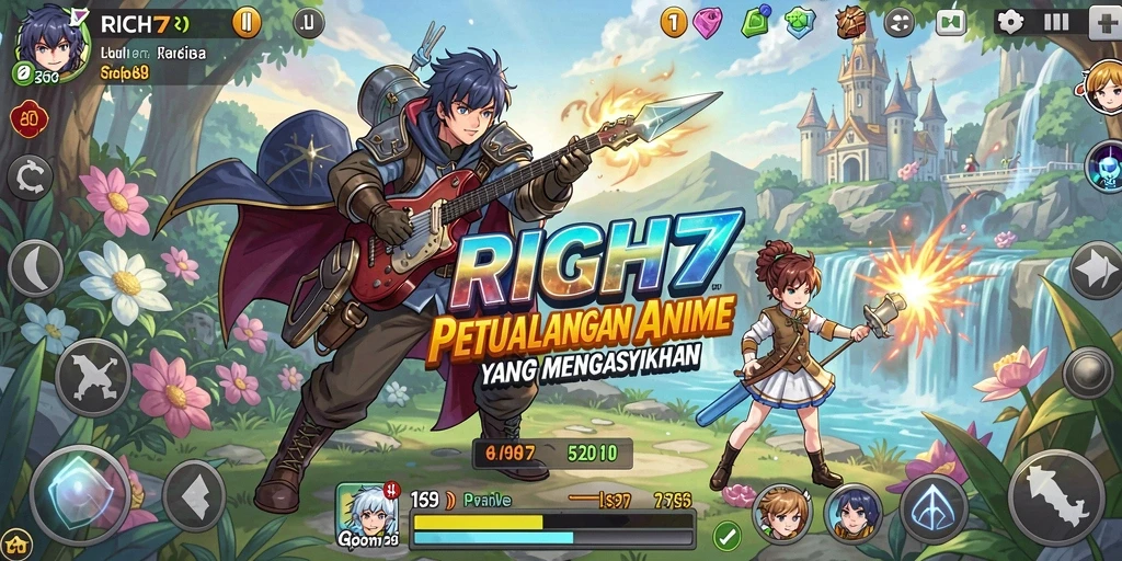 Tampilan gameplay menarik dari RICH7 yang menampilkan pertarungan karakter Anime.