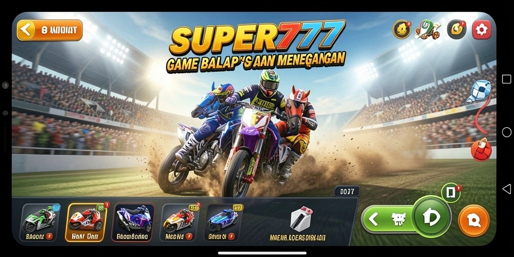 Gameplay SUPER777 menampilkan balapan mendebarkan dengan berbagai kendaraan.